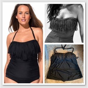 Plus Size 24W Pure Energy Tankini Black Gold Fringe Swimming Halter Top Modest